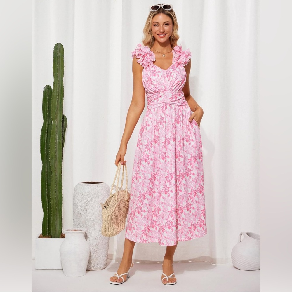 GRACE KARIN 2025 Floral Print Casual Flowy Sundress A Line Ruffle Wedding Guest